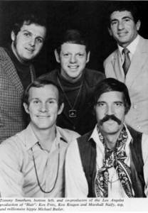 Tommy Smothers, bottom left, and the co-producers of the 1969 production of HAiR: Ken Fritz, Ken Kragen and Marshal Naify, top, and Michael Butler